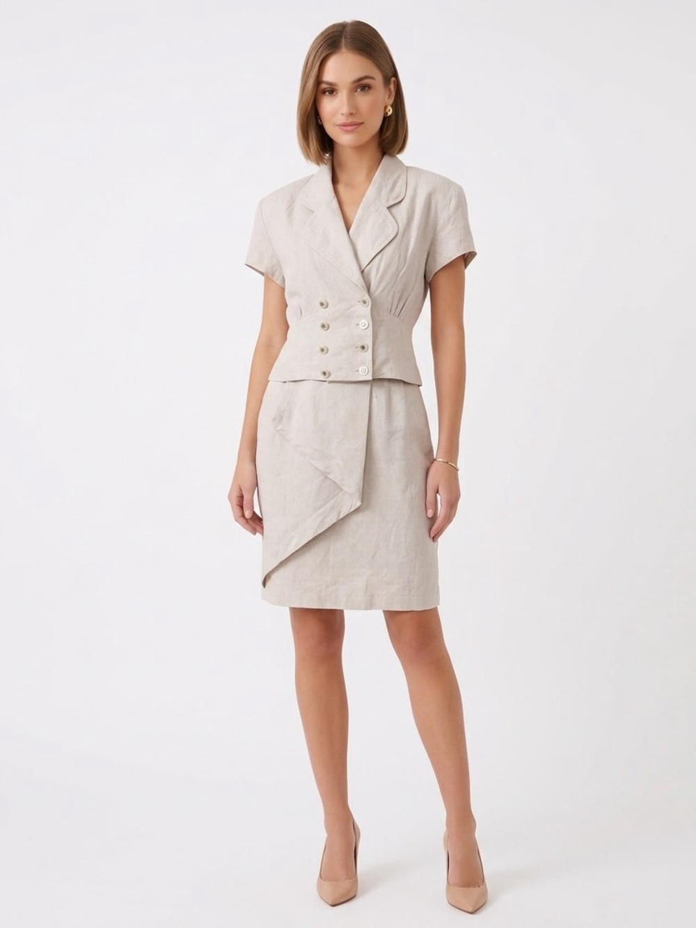 Vintage Feminine 100% Linen Pencil Skirt Set Double Breasted Coastal Career Chic